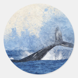 Sticker Rond Baleine bleue éclaboussant dans l'art océanique