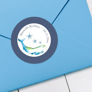 Sticker Rond Baleine et étoile de mer aquarelle bleue 