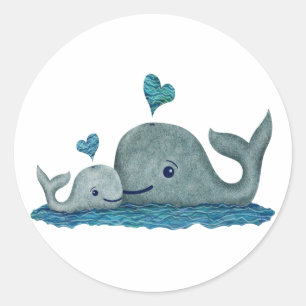 Sticker Rond Baleine maman et bébé nager dans la mer