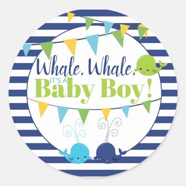 Sticker Rond Baleines C'est un bébé garçon Faire-part Marine ra (Devant)