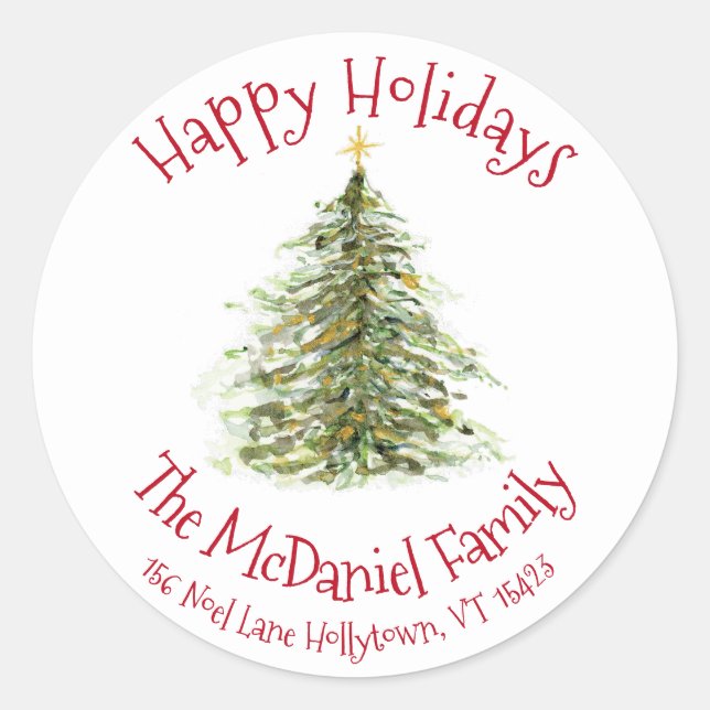 Sticker Rond Balise cadeau Arbre de Noël Aquarelle (Devant)