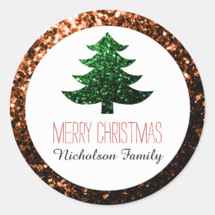 Sticker Rond Balise cadeau Bronze + Green Christmas tree scinti