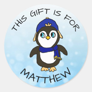 Sticker Rond Balise cadeau de Noël de manchot