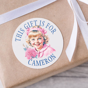 Sticker Rond Balise cadeau de Noël de petite fille Vintage rose