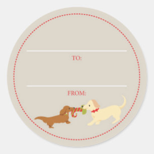 Sticker Rond Balise cadeau de Noël Doxie Tug-of-War