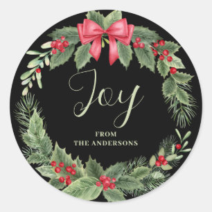 Sticker Rond Balise cadeau de Noël Wreath Joy Name