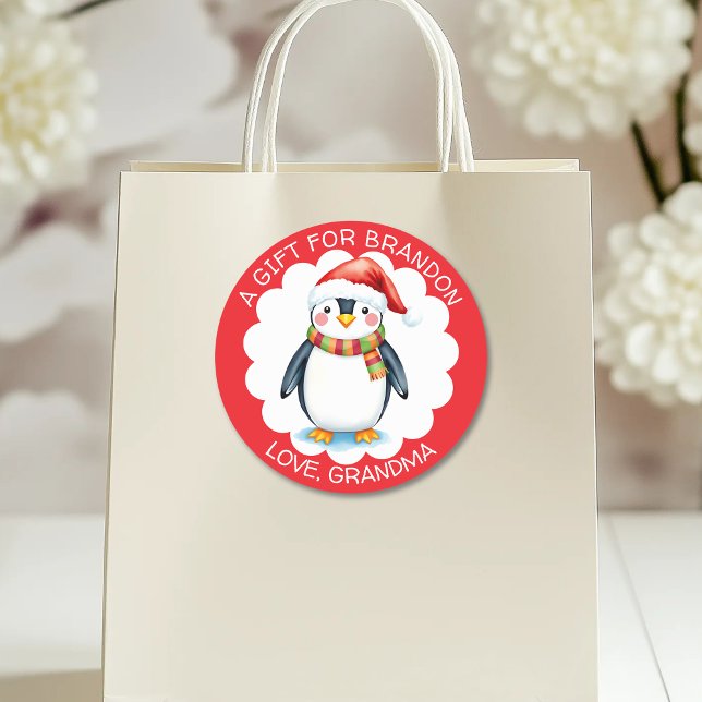 Sticker Rond Balise cadeau de pingouin de Noël à l'aquarelle mi (Créateur téléchargé)