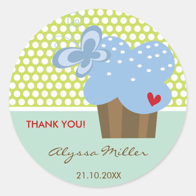 Sticker Rond Balise cadeau Merci Cupcake bleu (Devant)