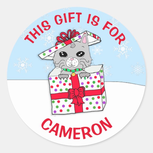 Sticker Rond Balise cadeau personnalisé de Noël chaton (Devant)