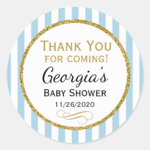 Sticker Rond Balise de Baby shower bleu or Merci à venir favori