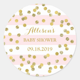Sticker Rond Balise de Baby shower Confetti Gold Stripes rose F