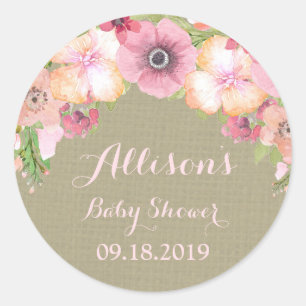 Sticker Rond Balise de Baby shower rose rose rose Burlap