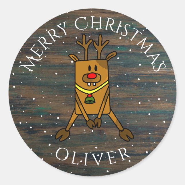 Sticker Rond Balise de cadeau de Noël de Cerf mou rustique (Devant)