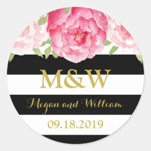 Sticker Rond Balise Noir Grandes Florales Monogramme Mariage Fa