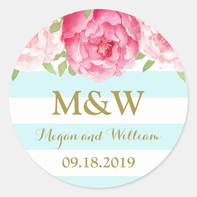 Sticker Rond Balise Sky Blue Stripes Floral Monogramme Mariage  (Devant)