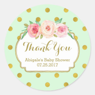 Sticker Rond Balises de Baby shower Floral Mint Gold Dots Favor