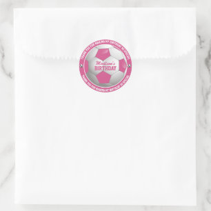Sticker Rond Balle de football Merci d'anniversaire rose et bla