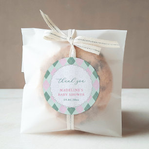 Sticker Rond Balle de Golf Chic Rose Vert Faveur de Baby Shower