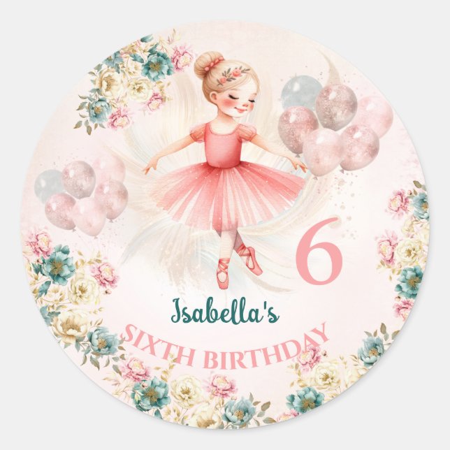 Sticker Rond Ballerina Blond rose Turquoise Floral Anniversaire (Devant)