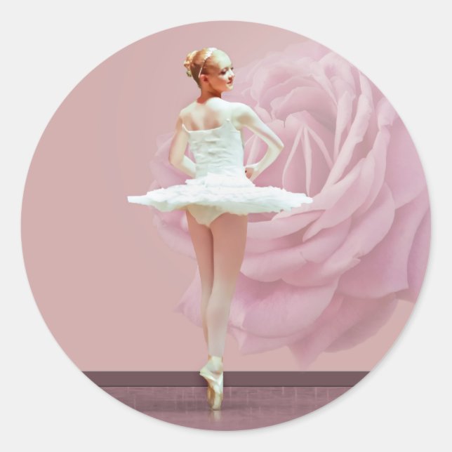 Sticker Rond Ballerina en blanc avec Rose rose (Devant)