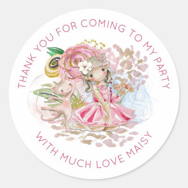 Sticker Rond Ballerina Floral Nom du chat Merci fête d'annivers (Devant)