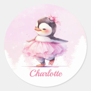 Sticker Rond Ballerina rose pingouin mignonne