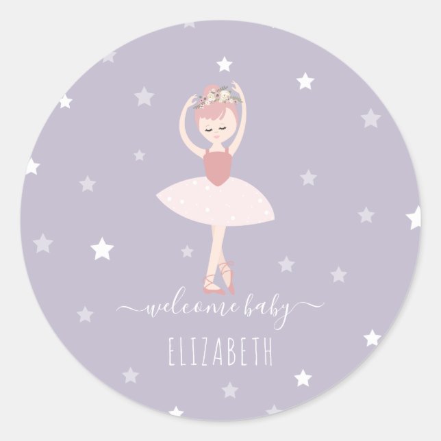 Sticker Rond Ballerina Stars Purple Baby Girl Baby shower (Devant)
