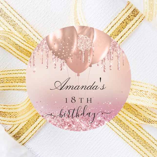 Sticker Rond Ballon rose d'anniversaire en or bleu rose (Créateur téléchargé)