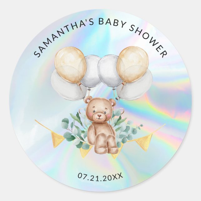 Sticker Rond Ballons à oreilles Eucalyptus Baby shower holograp (Devant)