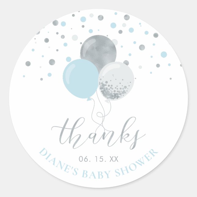 Sticker Rond Ballons argenté et bleu | Parti Favoriser Merci (Devant)