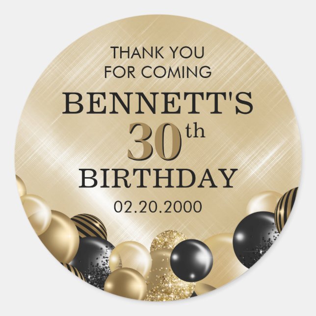 Sticker Rond Ballons Black Gold Anniversaire (Devant)