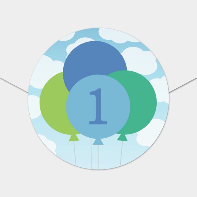 Sticker Rond Ballons bleu vert moderne Baby Boy Premier anniver (Créateur téléchargé)
