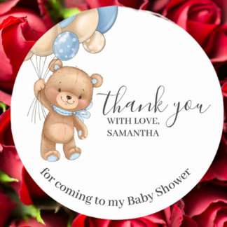 Sticker Rond Ballons Bleus Teddy Bear Merci