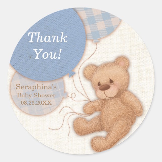 Sticker Rond Ballons bleus Teddy Bear Merci Baby shower (Devant)