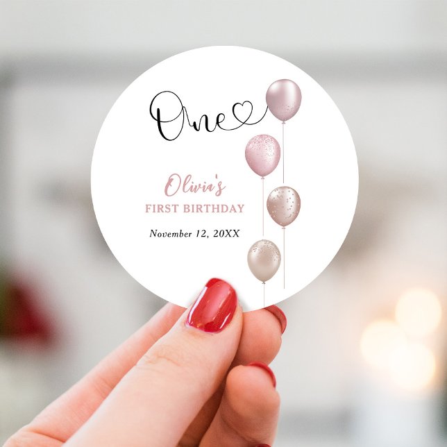 Sticker Rond Ballons Blush fille premier anniversaire (Créateur téléchargé)