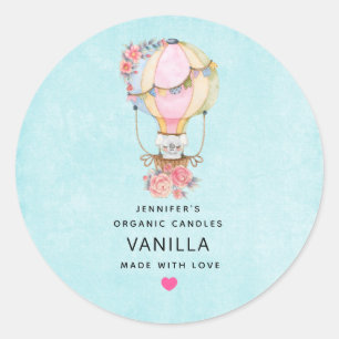 Sticker Rond Ballons d'air chaud mignon avec bougie d'aquarelle