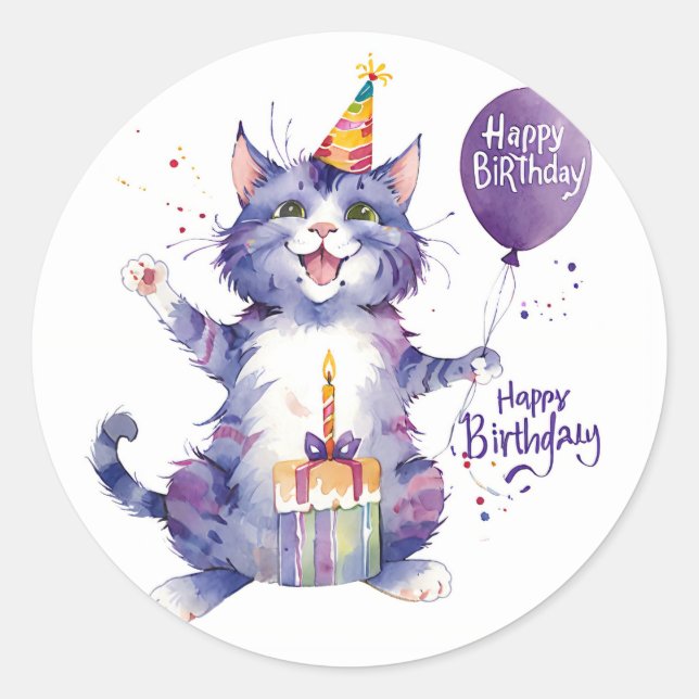 Sticker Rond Ballons d'anniversaire de chat mou - Anniversaire (Devant)