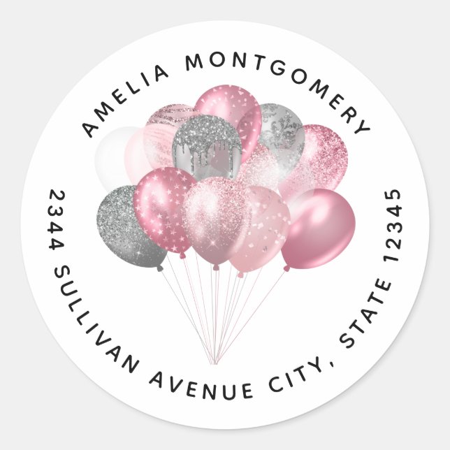 Sticker Rond Ballons de parties scintillant rose et argent - Ad (Devant)