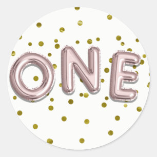 Sticker Rond Ballons d'or rose Confetti 1er anniversaire