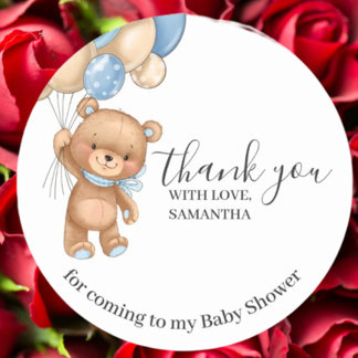 Sticker Rond Ballons d'ours en peluche Anniversaire Merci bleu 