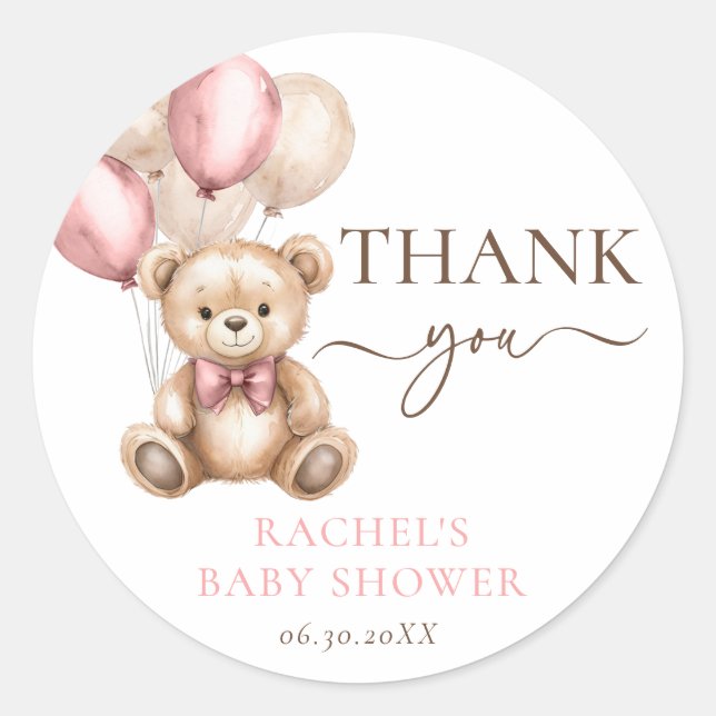 Sticker Rond Ballons d'ours en peluche | Douche rose bébé fille (Devant)