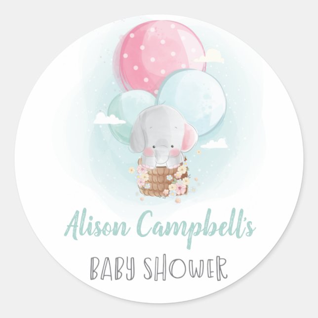 Sticker Rond Ballons éléphants Baby shower neutre selon le sexe (Devant)