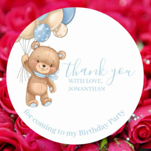 Sticker Rond Ballons en Teddy Joyeux anniversaire Merci bleu ga