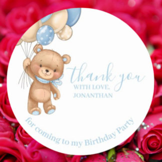 Sticker Rond Ballons en Teddy Joyeux anniversaire Merci bleu ga