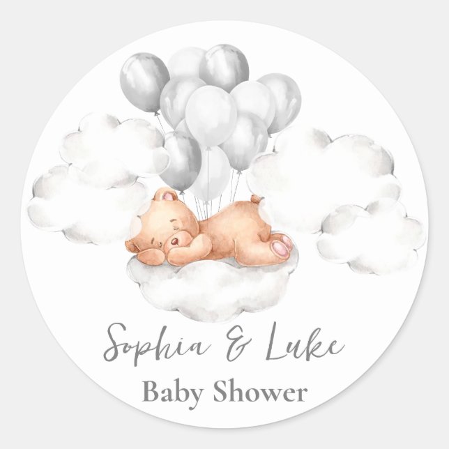 Sticker Rond Ballons gris ours Teddy Baby shower garçon (Devant)