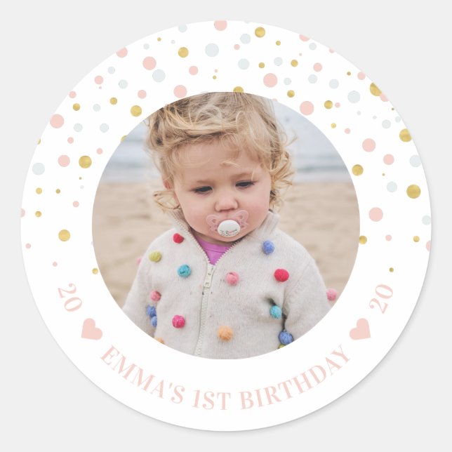 Sticker Rond Ballons or et rose | 1ère fête d'anniversaire phot (Devant)