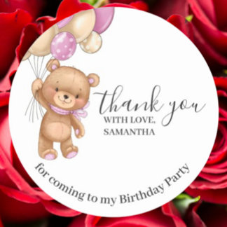 Sticker Rond Ballons ROSE Ours Teddy Anniversaire Merci