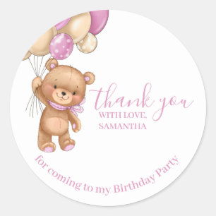 Sticker Rond Ballons ROSE Ours Teddy Joyeux Merci d'anniversair