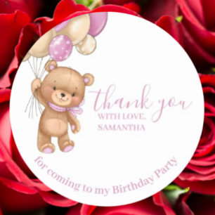 Sticker Rond Ballons ROSE Ours Teddy Joyeux Merci d'anniversair