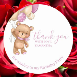 Sticker Rond Ballons ROSE Ours Teddy Joyeux Merci d'anniversair